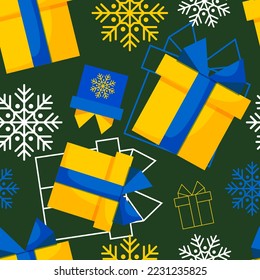 Festive box with a ribbon and a bow on a green background with snowflakes. Cute seamless christmas pattern. Vector.