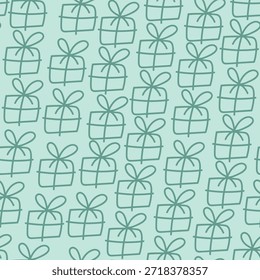 Cajas y arcos festivos Plantilla de fondo de vacaciones. Patrón de contorno sin fisuras con símbolos de vacaciones en Vector en estilo doodle.
