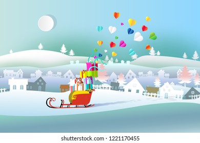 Festive boxes of Christmas present with ribbon bow and colorful heart for anniversary happy new year, Paper art style, For printing, Vector illustration.
