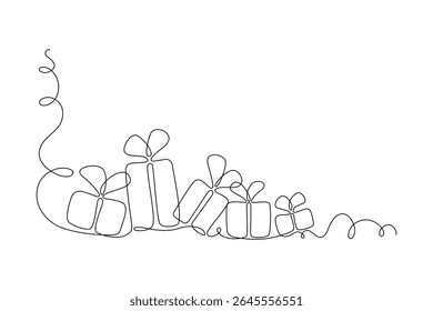 Festive boxes with gift drawn with continuous line in minimalism, one line, Xmas decor. Greeting card, invitation to holiday. Editable vector outline.