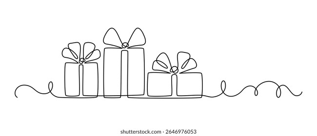 Festive boxes with gift drawn with continuous line in minimalism, one line, Xmas decor. Greeting card, invitation to holiday. Editable vector outline.