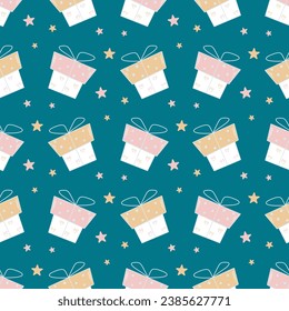 Festive boxes with surprise background. Gift box seamless pattern. Christmas print for packaging, paper, textile, fabric, vector illustration