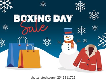 A festive Boxing Day sale illustration featuring shopping bags, a snowman, and a winter coat.