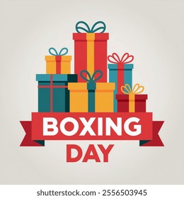 Festive Boxing Day vector with colorful gift designs and ribbons.