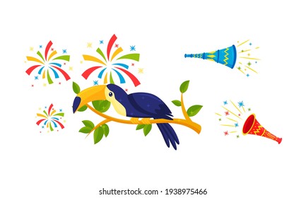 Festive Brazil Attributes with Fanfare and Toucan Bird Sitting on Tree Branch Vector Set