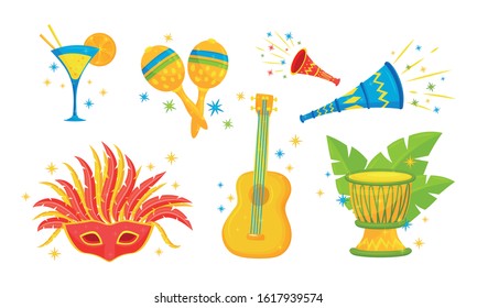 Festive Brazil Attributes and Symbols with Maracas and Carnival Mask Vector Set