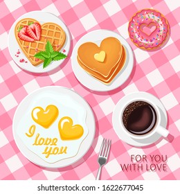 festive Breakfast for Valentine's day.  Coffee, scrambled eggs hearts, strawberry waffles heart, heart pancakes and donuts. vector greeting card