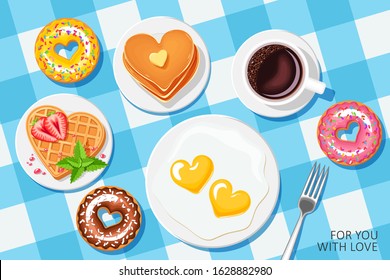 festive Breakfast for Valentine's day.  Coffee, scrambled eggs hearts, strawberry waffles heart, heart pancakes and donuts. vector greeting card