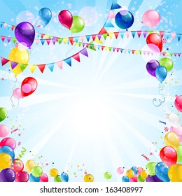 Festive bright background with balloons and flags