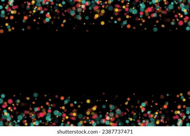 Festive bright background with colorful illuminated bokeh. Vector template banner poster. Color bokeh on a black background.