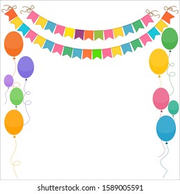 Festive bright background with garlands of flags and balloons. Isolated on white background.