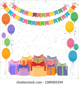 Festive bright background with garlands of flags, confetti, gift boxes and balloons. Isolated on white background.