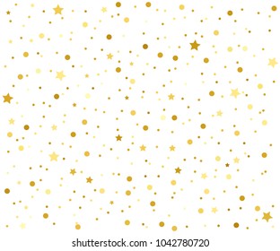 Festive bright background for your amazing design, banner for presentation. Multipurpose template for wrapping paper or greeting card. Gold Stars confetti, circles or dots.