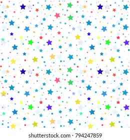 Festive bright background for your amazing design, banner for presentatin. Multipurpose template for wrapping paper or greeting card. Random colored stars confetti, circles or dots.