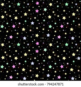 Festive bright background for your amazing design, banner for presentatin. Multipurpose template for wrapping paper or greeting card. Random colored stars confetti, circles or dots.