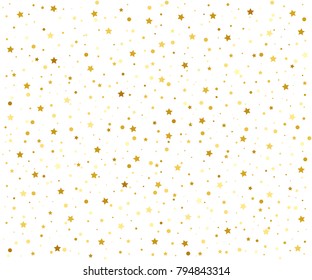 Festive bright background for your amazing design, banner for presentation. Multipurpose template for wrapping paper or greeting card. Gold Stars confetti, circles or dots.