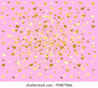 Festive bright background for your design, banner for presentation. Multipurpose template for wrapping paper or greeting card. Gold hearts confetti, circles, dots. Pattern of hearts on Valentine day.