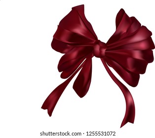 Festive bright bow of red satin ribbons. The bow is suitable for gifts and discount actions. Bright and realistic. Bantik for gifts and surprises for Birthday, wedding, New Year.