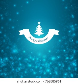 Festive bright Christmas poster with white ribbon and fir tree on glowing blurred starry background vector illustration