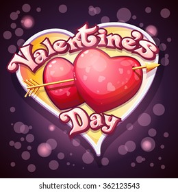 festive bright colorful vector illustration of a Happy Valentines Day. Pierced hearts on a purple background