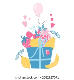 Festive bright composition of a gift box, fruit and a ballon.For the design of greeting cards, posters, prints for mugs, pillows, t-shirts. Vector graphic on a white background.