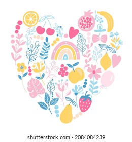 Composición festiva brillante de arcoiris, frutas, hojas y flores.Para el diseño de tarjetas de felicitación, afiches, huellas para tazas, almohadas, polos. Gráfico vectorial sobre fondo blanco.