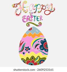 Festive bright Easter decor in folk art style. Vector element. 
Egg with floral ornament