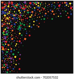 Festive bright falling vector square confetti. Christmas, new year, birthday celebration. Sale banner or discount card background. Gift certificate backdrop. Red, green, yellow, blue, orange squares