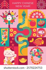 Festive bright geometric background of the Chinese New Year in Japan with traditional Japanese decorations, talismans, toys. Postcard, poster, flyer, cover