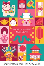 Festive bright geometric background of chinese new year in Japan with traditional japanese decorations, talismans, toys, food, house. Postcard, poster, flyer, cover