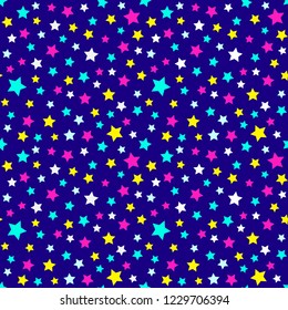 Festive and bright pattern of starry night - background for kids parties and celebration. Vector illustration, seamless pattern. Wallpaper for children.