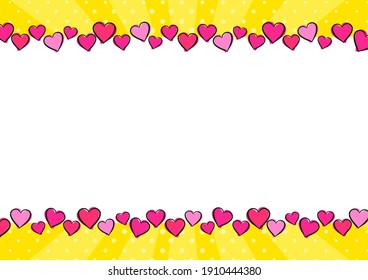 Festive bright rectangular frame made from casually hand-drawn hearts. Yellow Template for love holiday, Valentines day party, photo album, wedding, greeting card. Vector illustration in pop art style