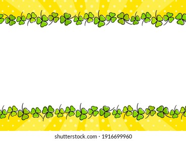 Festive bright rectangular frame made from casually hand-drawn clovers. Yellow Template for Saint Patrick's day party, irish, photo album, greeting card. Vector illustration in pop art style