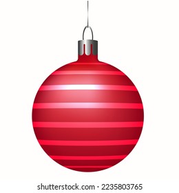 festive bright red ball with white stripes for Christmas tree decoration. Vector.