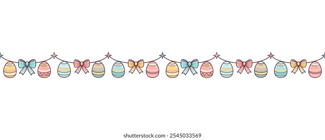 Guirnalda inconsútil brillante festiva para las vacaciones de Pascua felices. fondo inconsútil y modelo de los huevos de Pascua y de los arcos. Ilustración vectorial plana en el fondo blanco aislado