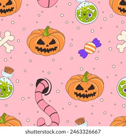 Festive and bright seamless Halloween pattern. Pumpkins, worms, elixirs, bones, candies, and dots. Spooky Halloween seamless pattern for printing. Vector