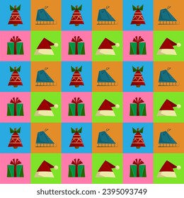 Festive bright seamless seamless pattern with Christmas elements. New Year abstract multicolored packaging. Images produced without the use of any form of AI. software at any stage.