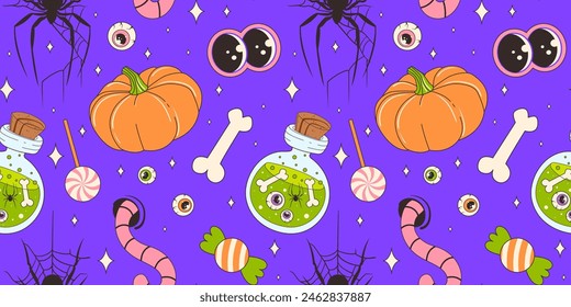 Festive and bright seamless pattern for Halloween. Pumpkins, spider, cobweb, worm, elixir, bones, candies, and stars. Spooky Halloween seamless pattern for printing. Vector