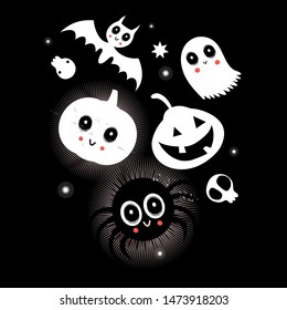 Festive bright vector card with characters for Halloween on a black background. Template for holiday poster or postcard.