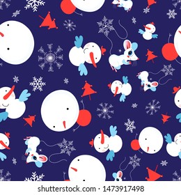 Festive bright vector seamless Christmas pattern of snowmen and mice on a blue background. New year pattern for wallpaper or fabric.