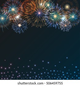 Festive brightly colorful fireworks bursting on dark blue twilight. Vector background