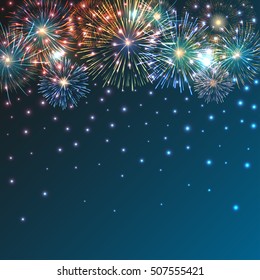 Festive brightly colorful fireworks bursting on blue transparent twilight. Vector background