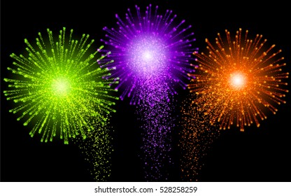 Festive Brightly Colorful Vector Fireworks and Salute Shiny tricolor firework on the dark sky. Black background.