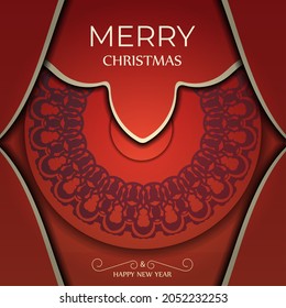 Festive Brochure Merry Christmas and Happy New Year Red color with vintage burgundy pattern
