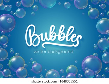 Festive bubbles with rainbow reflection vector illustration. Transparent soap balls with glares, highlights and gradient on blue background for your design