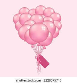 Un grupo festivo de globos de mosca rosa atados con una etiqueta en fondo rosado para la tarjeta de San Valentín. Ilustración del vector