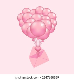Festive bunch of pink fly balloons tied with a heart postcard and envelope on pink background for Valentines card. Vector illustration