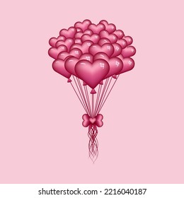 Festive bunch of purple shape of heart fly balloons tied with a heart-shaped bow on pink background for Valentine's cards. Vector illustration