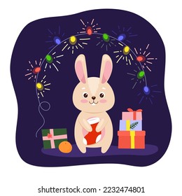 Festive bunny with Christmas attributes, gifts, garland and orange. Vector illustration with cute character symbol of 2023