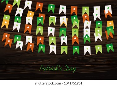 Festive bunting with clover. Irish holiday - Happy St. Patrick's Day with a garland of three-leaf. Greeting card, poster, banner. Vector illustration on wooden back